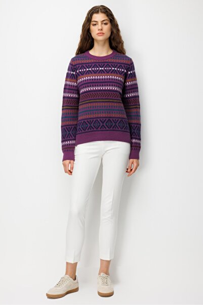 Desen Triko Women's Crew Neck Kilim Patterned Jacquard Wool Sweater A.Mor