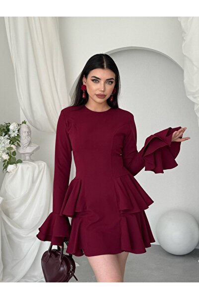 Moda Days Women's Burgundy Flounce Mini Dress Crew Neck Long Sleeve Peplum Cut