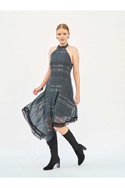 Moda Days Women's Anthracite Plaid Patterned Halter Neck Lace Detailed Asymme...