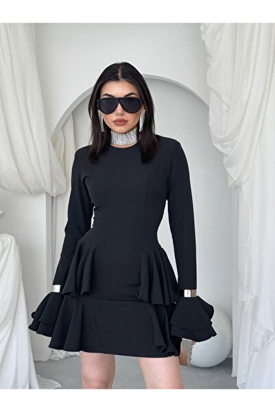 Clothes Fast Women's Black Flounce Mini Dress Crew Neck Long Sleeve Peplum Cut