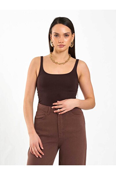 Clothes Fast Women's Coffee Color U-Neck Thin Strap Plain Patterned Fitted Su...