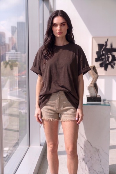 CAST COLLECTİON Γυναικείο καφέ μονόχρωμο χτενισμένο βαμβακερό μπλουζάκι oversize