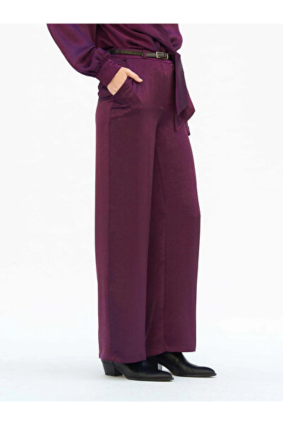 Clothes Fast Pantaloni lungi de damă, din satin prună, cu talie înaltă și pic...