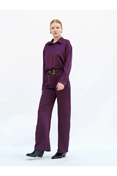 Moda Days Women's Plum Crinkle Textured Satin Shirt Classic Collar Long Sleev...