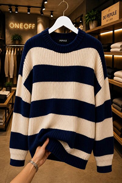 oneoff Ekru Çizgili Oversize Bisiklet Yaka Triko Kazak