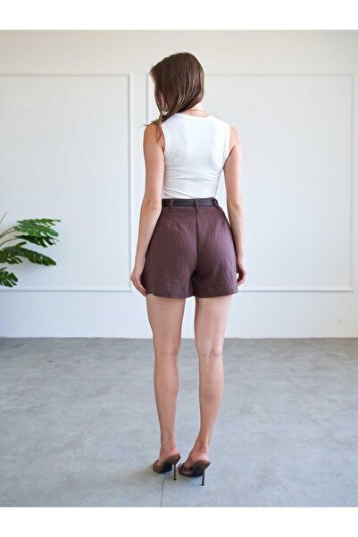 Clothes Fast Women's Coffee Belted Pleated High Waist Woven Comfortable Fit S...