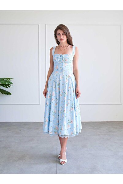 Moda Days Women's Baby Blue Strappy Floral Patterned Square Neck Gathered Lac...
