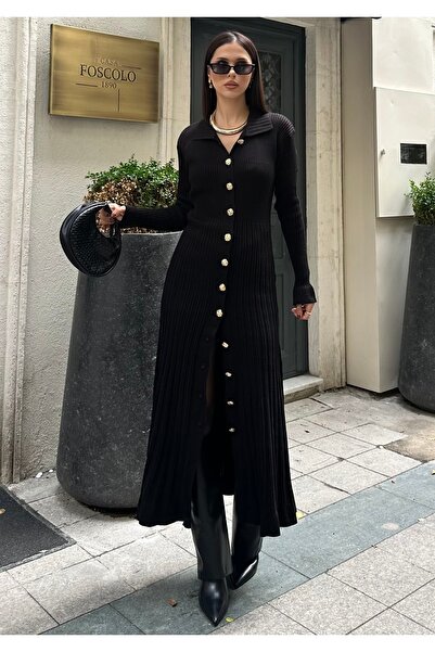 BEJNA Women's Shirt Collar Stylish Buttoned Long Knitwear Dress