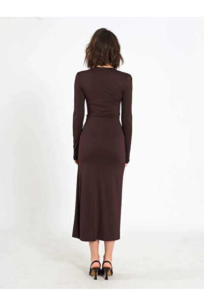 Clothes Fast Women's Brown Front Draped Accessory Detailed Slit Long Sleeve M...