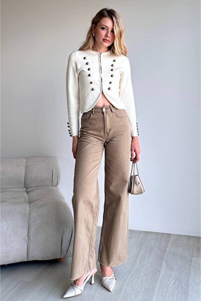 Noi Belis Crew Neck Gold Button Detailed Military Style Long Sleeve Fit Knitw...