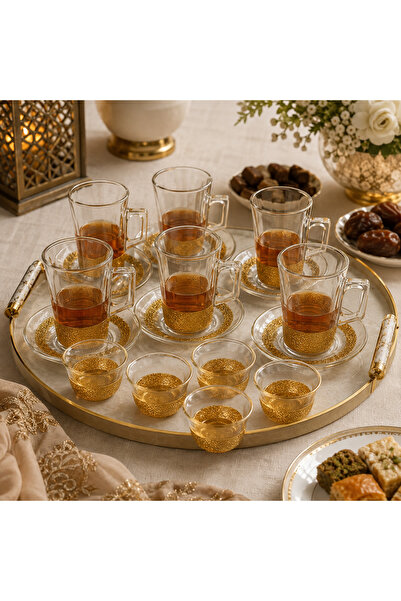 Dania Luxury Golden Decorated Glass Tea and Coffee Set - 18 Pieces for 6 Peop...