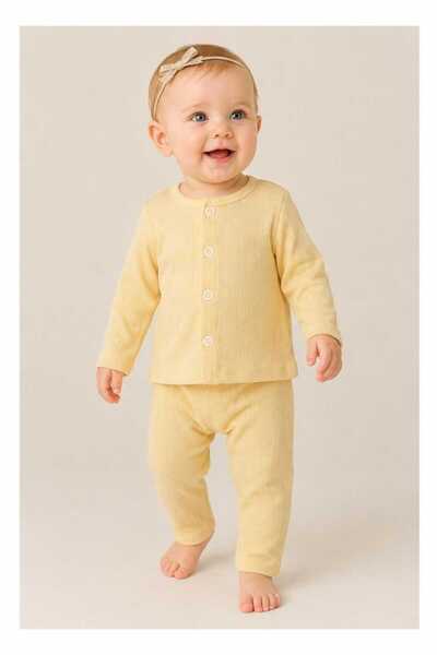 altıntop bebe Bebek Sarı %100 Pamuk Ajurlu Pijama 2'li Takım