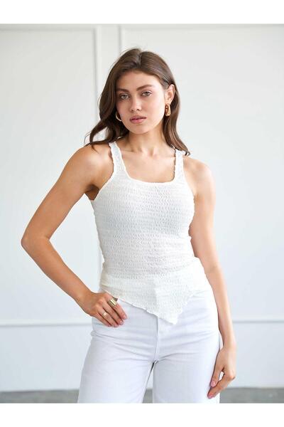 Clothes Fast Γυναικεία Λευκή Ασύμμετρη Φούστα με Τετράγωνο Γιακά και Υφή, Καλ...