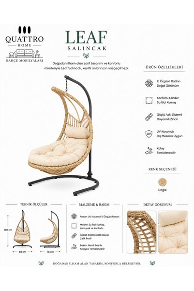 QUATTRO HOME Leaf Rattan Bahçe ve Balkon Salıncağı