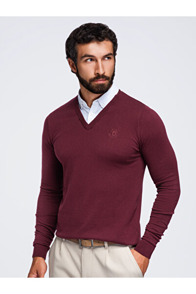 OMBRE Pulover bărbătesc, croială normală, cu decolteu în V OM-SWSW-0102 Bordo