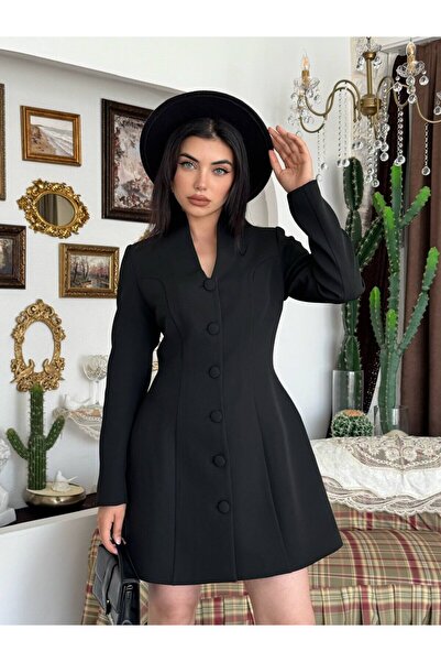 Clothes Fast Women's Black Jacket Dress Buttoned V-Neck Long Sleeve Mini Slim...