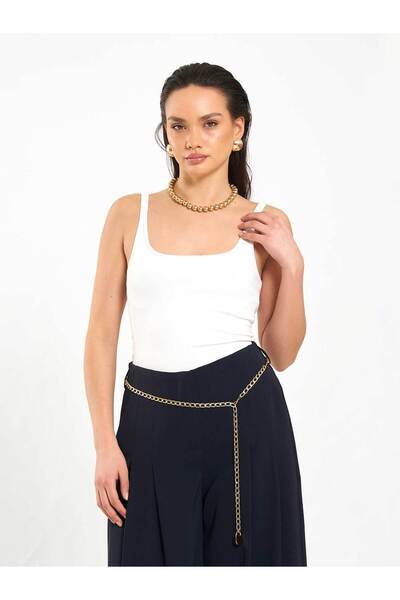 Clothes Fast Women's Ecru U-Neck Thin Strap Plain Patterned Fitted Summer Tan...