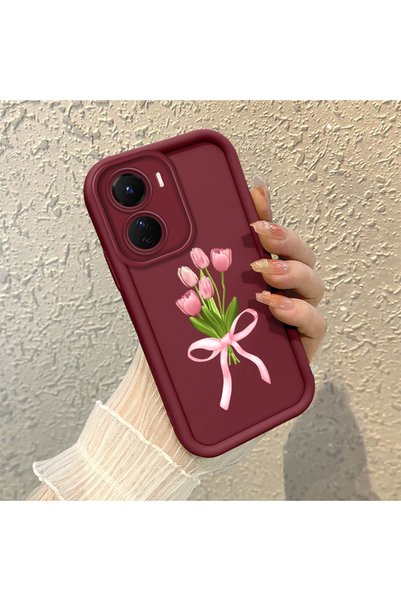 PATTERNOVA Vivo Y16 Uyumlu Bordo Lale Buketi Baskılı Silikon Kılıf, Şok Emili...