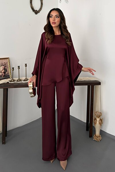 Clothes Fast Kadın Mürdüm Alt - Üst Takım Pelerin Detaylı Kayık Yaka Uzun Kol...