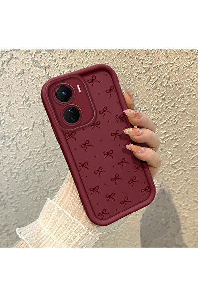 PATTERNOVA Vivo Y16 Uyumlu Bordo Minimal Kurdele Baskılı Silikon Kılıf, Şok E...