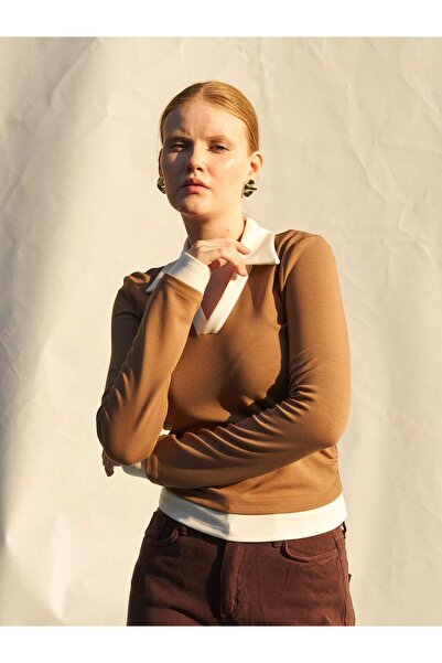 Clothes Fast Γυναικείο πουκάμισο με γιακά μινκ, με λεπτομέρεια αντίθεσης, μακ...