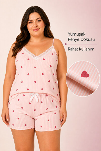 Bravie Women's Plus Size Rope Strap Lace Collar Thin Striped Heart Pattern Summer Pajama Set