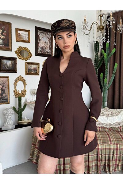 Clothes Fast Women Coffee Jacket Dress Buttoned V-Neck Long Sleeve Mini Slim ...
