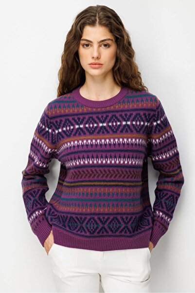 Desen Triko Women's Crew Neck Kilim Patterned Jacquard Wool Sweater A.Mor