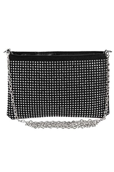 CATIANO Poseta Neagra cu Strass & Lant Argintiu pentru Femei 22x15cm