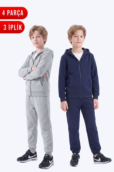 FYK KİDS 3 Thread Plain Boys' Zippered Hooded 2-Piece Tracksuit Set 4 Pieces