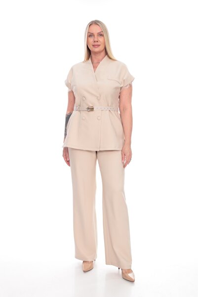 etselements Plus Size Gold Buckle Belted Lace Detailed Thick Fabric Double Set