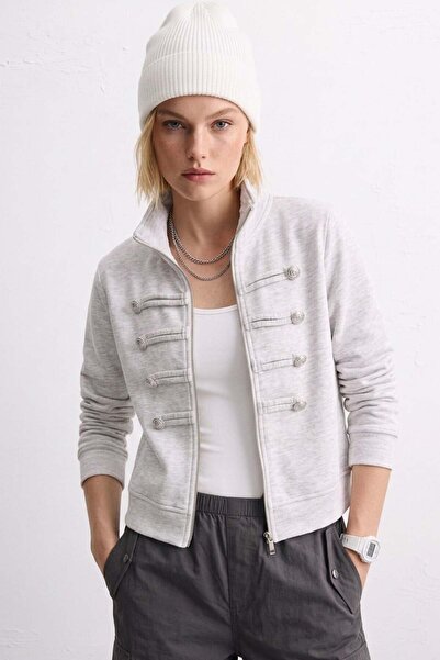 BARRELS AND OIL Women's Stand Collar Zippered Bando Sweatshirt - Snow Melange