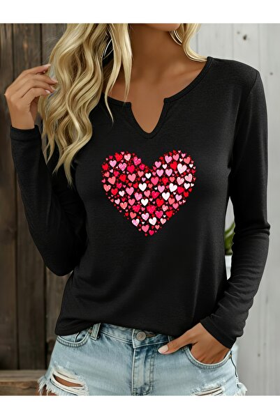 Deocept Printed Cotton Half V-Neck Long Sleeve Blouse T-Shirt