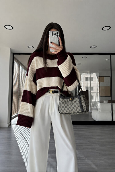 pepule kadın Ekru Çizgili Oversize Bisiklet Yaka Triko Kazak