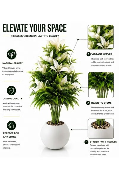 Generic Brand نبات سرخس اصطناعي أنيق وأوراق بيضاء في وعاء أبيض دائري، خضرة صناعية كثيفة للمنزل والمكتب وغرفة المعيشة وغرفة النوم والديكور الداخلي العصري