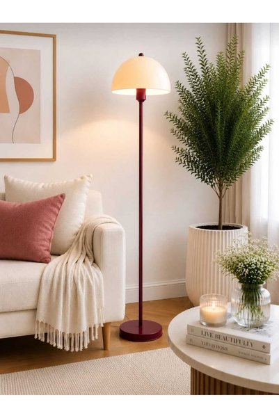 Betül Home Design Mantar Model Krem Küreli Bordo Lambader Siyah elektrik fişl...