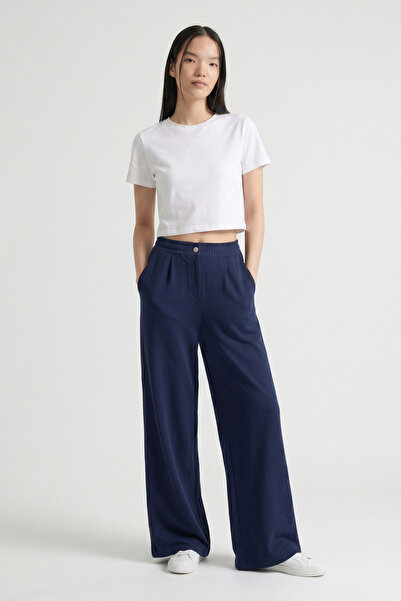 BARRELS AND OIL Women's Buttoned Elastic Waist Loose Trousers - Navy Blue