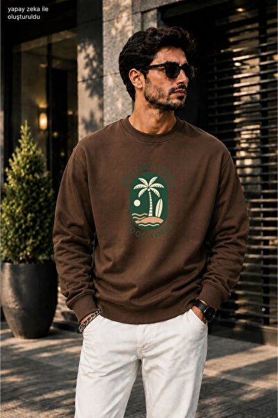 caddekombin Men'Sbad Holiday Vibes Palm Tree Printed Cycling Round Neck Casua...