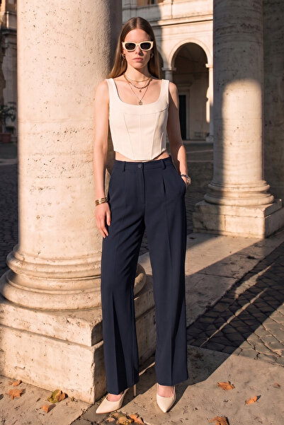 BARRELS AND OIL Women's High Waist Fabric Trousers - Navy Blue