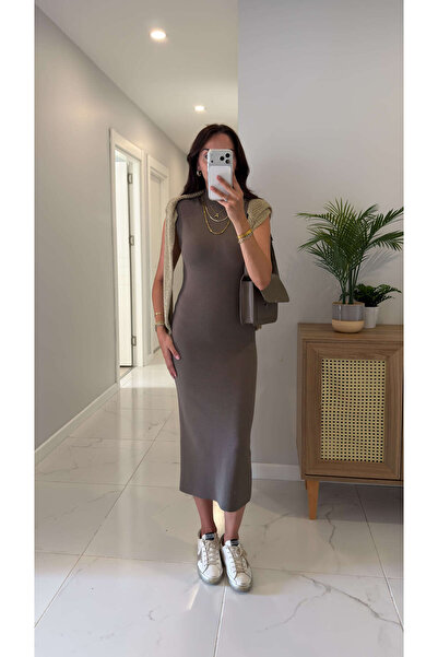 BİRCANÇİL Zr Sidda Mink Turtleneck Padded Sleeveless Knitwear Dress
