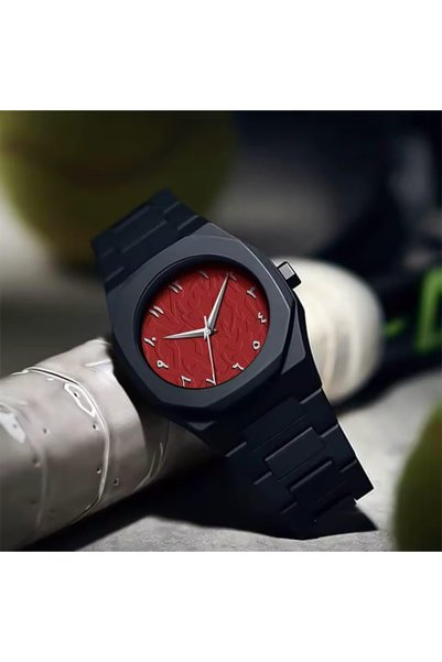 Genaric Men's Black Arabic Numerals Watch Red Dial Mate Black Fiber Band | Modern Aura Style Quartz Watch | Arabic Number Wristwatch | Fashion Timepiece