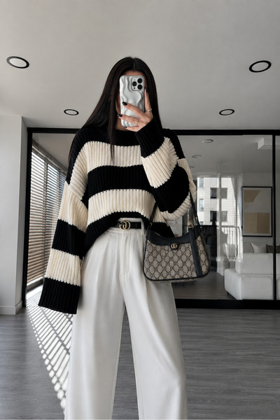 pepule kadın Ekru Çizgili Oversize Bisiklet Yaka Triko Kazak