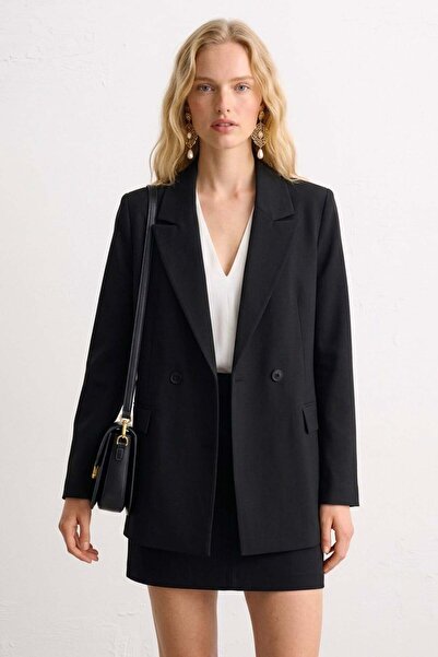 BARRELS AND OIL Women's Double Button Blazer Jacket - Black