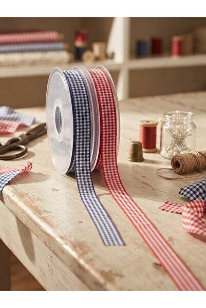 satab French Red and Navy Blue Plaid Ribbon / Decorative Ribbon - 10mm - 25 Y...