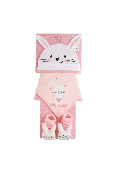 CATIANO Set Nou Nascut cu Caciulita Baveta & Sosete cu Model 3D Iepuras Roz Alb