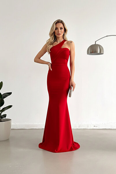 A Women's Bohemian Scuba Fabric Cross Collar Strap Fish Evening Dress