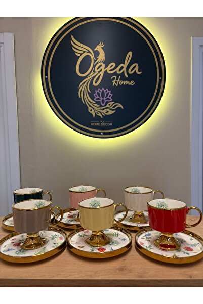 Ogeda Home 6 Kişilik Gold Ayaklı Renkli Çiçekli Fincan Takımı - Gold Ayaklı R...