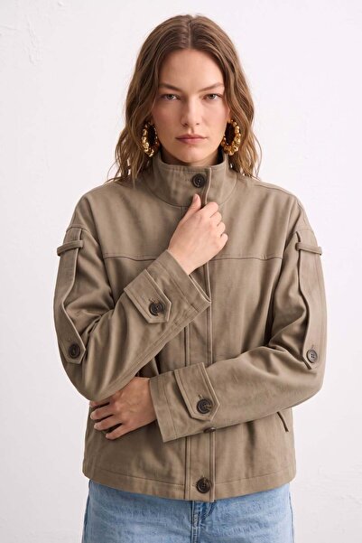 BARRELS AND OIL Women's Stand Collar Epaulet Short Jacket - Khaki