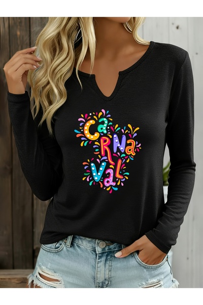Deocept Printed Cotton Half V-Neck Long Sleeve Blouse T-Shirt