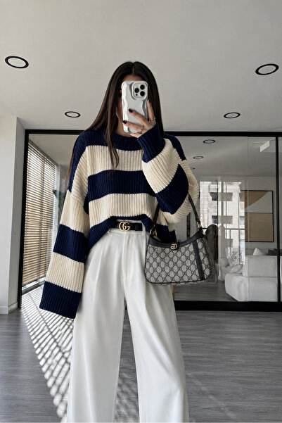 pepule kadın Ekru Çizgili Oversize Bisiklet Yaka Triko Kazak